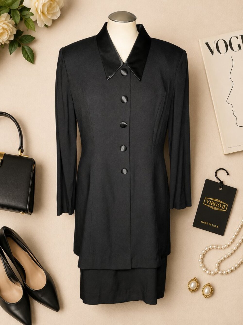 Vintage Virgo II Black Satin Collar Career Dress Jacket USA Size 12 NWT